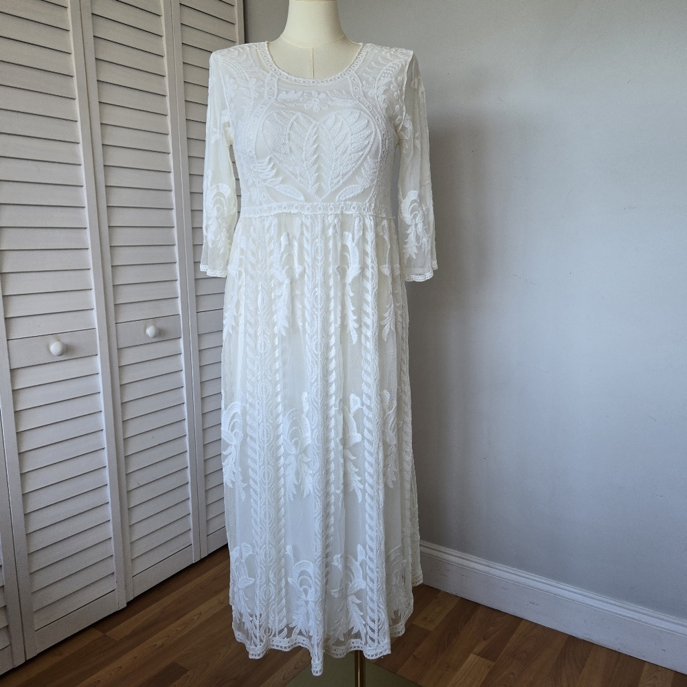 Tea n Rose White Crochet Overlay Maxi Dress Women's S/M Bridal Photoshoot Boho - Picture 3 of 15